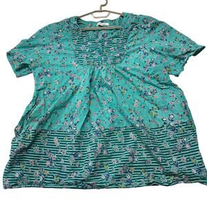 Dreams Babydoll Tunic Top Women Size L Green Pocket Short Sleeve Floral Prairie